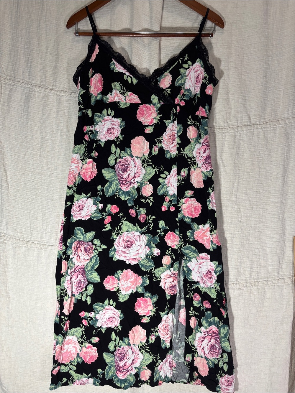Stitch & Pine Black Floral Lace-Trim Midi Slip Dress Side Slit XL